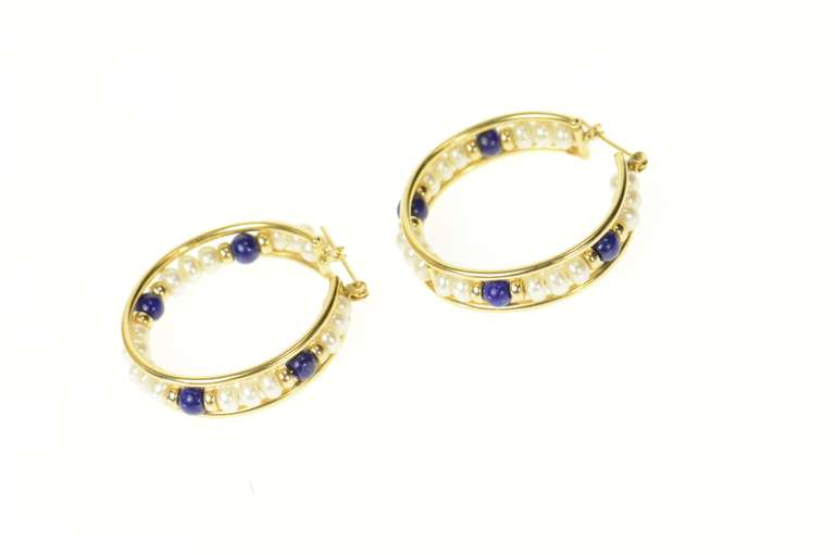 14K Yellow Gold Retro Wide Pearl Lapis Lazuli Statement Hoop Earrings