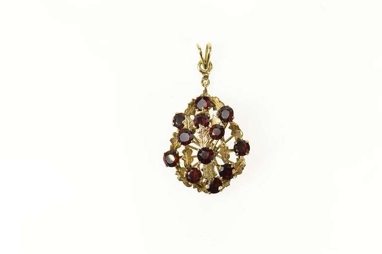 14K Yellow Gold Retro 1960's Ornate Garnet Leaf Cluster Pendant