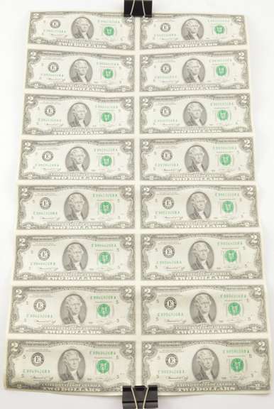 Lot (16) 1976 $2 Richmond, VA United States FRN Uncut Sheet