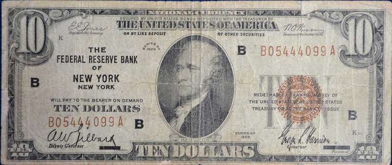 Series 1929 Federal Reserve Bank Of New York, New York Ten Dollars, Circulated.