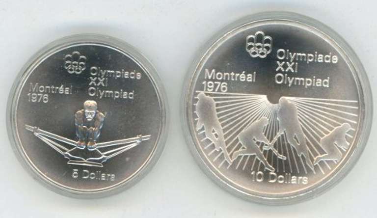2 Superb Gem BU 1976 Canada $5 and $10 SILVER Olympic Coins