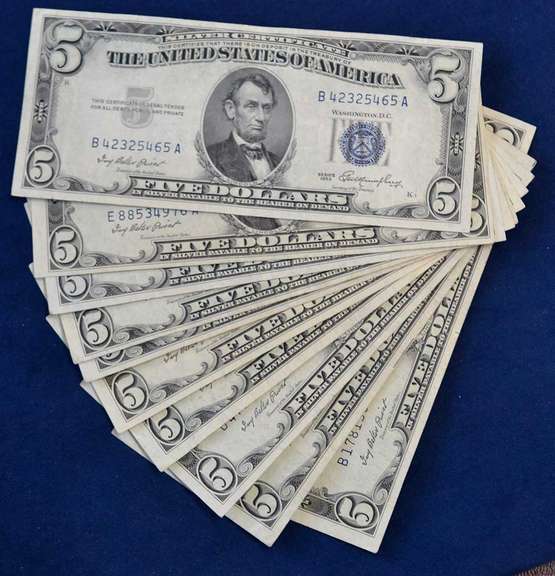 Lot Of 10 $5 Silver Certificates, Circulated.