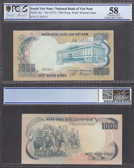 1000 Dong  1972 National Bank of Vietnam Pick 34a PCGS Ch. AU 58