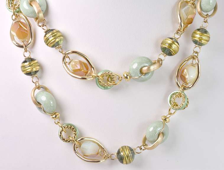Dreamy Italian Made Hand Blown Art Glass and Gold Links Long Necklace