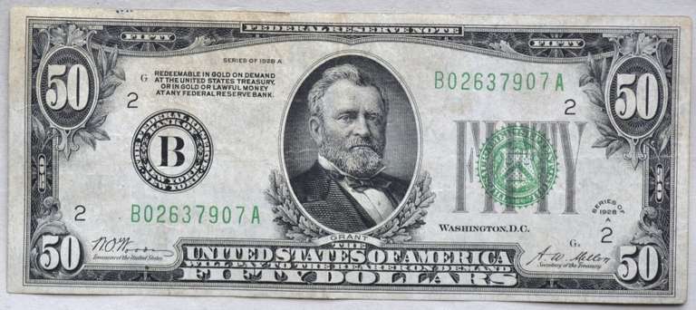 1928 A Series Gold Payable $ 50 Fed Reserve Note