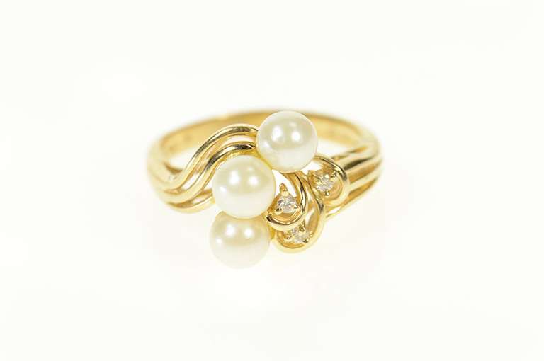 14K Yellow Gold Pearl Diamond Cluster Bypass Statement Ring