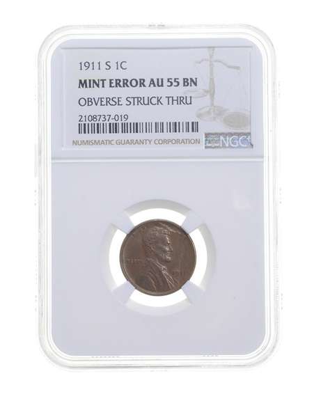 AU55 BN Mint Error 1911-S Lincoln Wheat Cent - OBV Struck Thru - NGC
