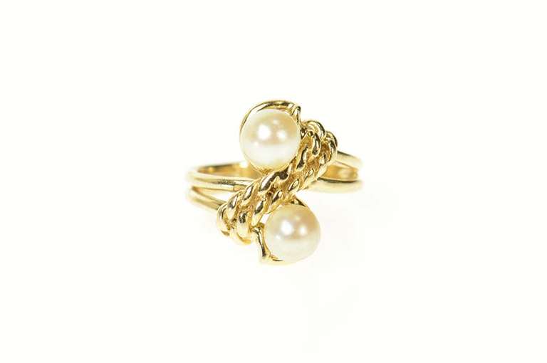 14K Yellow Gold Ornate Rope Twist Pearl Bypass Statement Ring