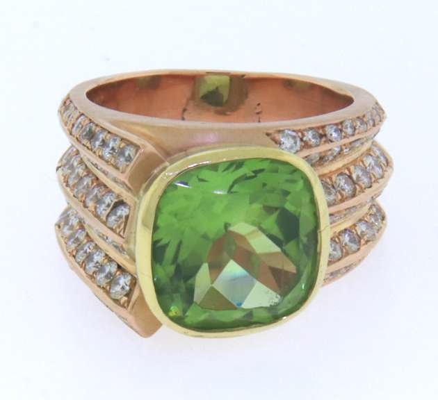 Powerful 18kt Cushion Cut Peridot and Diamond Ring