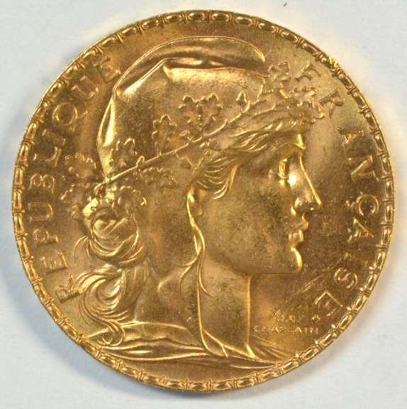Superb Gem BU 1909 France 20 Francs Gold 'Rooster' coin