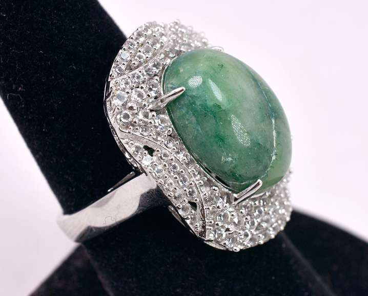 Dazzling 12.40CTS Emerald and 2.16CTW White Sapphires Set in Sterling Silver Ring