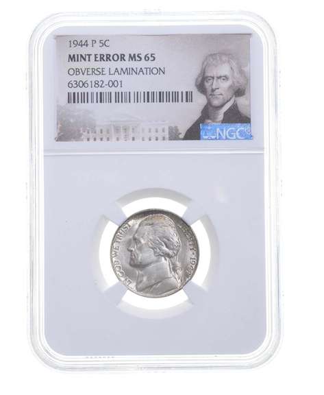 MS65 1944-P Jefferson Nickel - Mint Error - Obverse Lamination - NGC