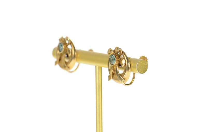 14K Yellow Gold 1940's Syn. Topaz Bow Ribbon Screw Back Earrings