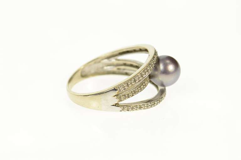 14K White Gold Grey Pearl Diamond Tiered Statement Ring