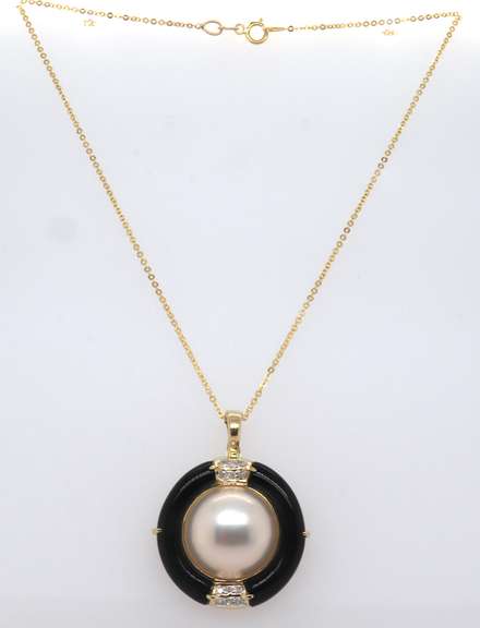 Fancy Yellow Gold Mabe Pearl, Diamond and Black Onyx Pendant on Chain