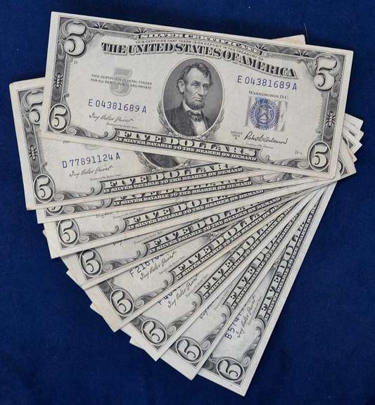 Lot Of 10 $5 Silver Certificates, Circulated.