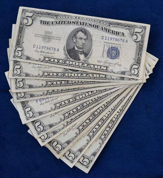 Lot Of 10 $5 Silver Certificates, Circulated.