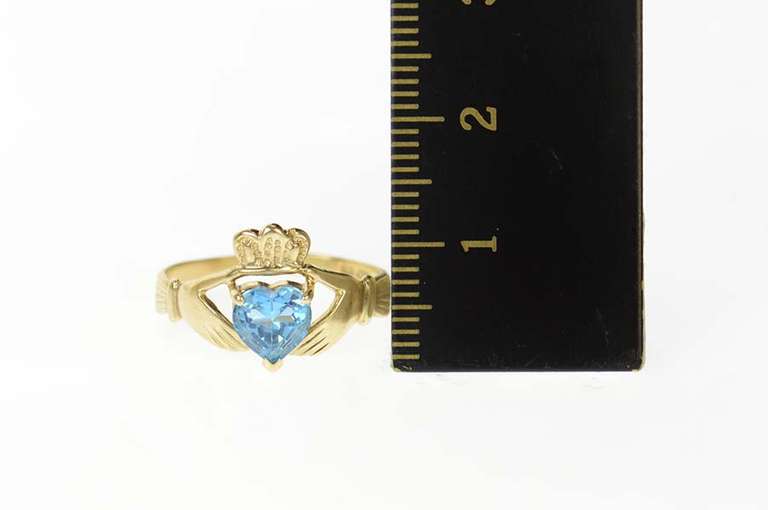 10K Yellow Gold Heart Blue Topaz Claddagh Irish Loyalty Ring