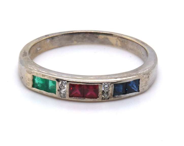 Handsome White Gold Ruby, Sapphire, Emerald and Diamond Ring