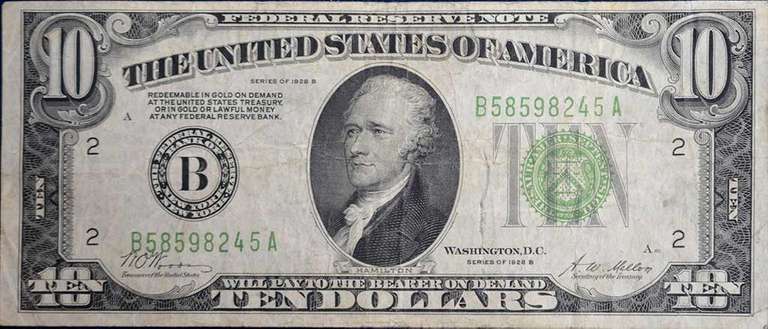 Series Of 1928-B $10 Federal Reserve Note, Circulated.
