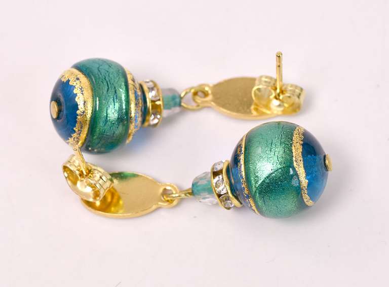 Immaculate Italian Made, Hand Blown Art Glass and Gold Links Bracelet and Earrings