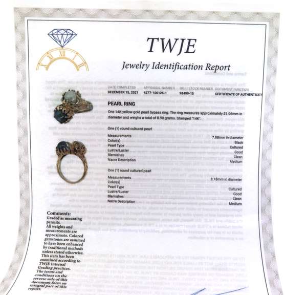Attractive Yellow Gold Grey & White Bypass Pearl Ring