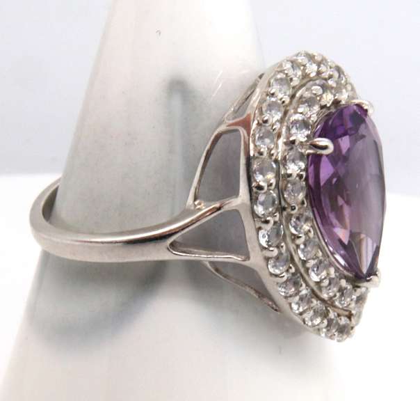 Sterling Silver Pear Shaped Purple and White Cubic Zirconia Ring