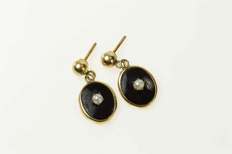 10K Yellow Gold Oval Black Onyx Pearl Accent Dangle Earrings