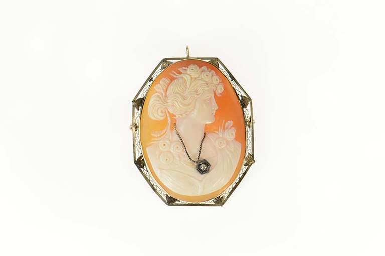 14K Yellow Gold Victorian Diamond Necklace Carved Cameo Pendant/Pin