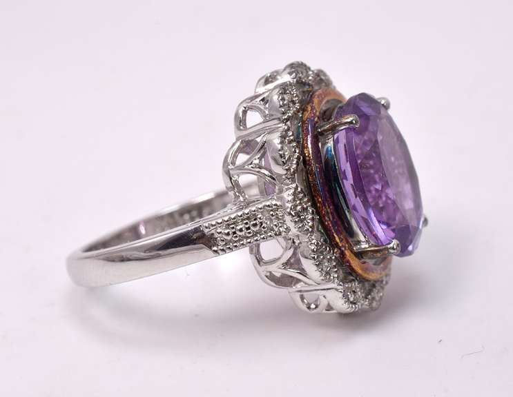 Magnificent Large Amethyst Set in Sterling Silver Ring with Diamond Accents.
