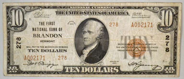 $ 10 First National Bank Brandon Vermont Series 1929 Series National Currency Note