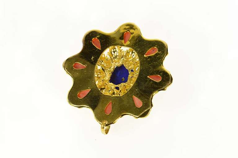 18K Yellow Gold Oval Lapis Lazuli Diamond Coral Statement Pendant