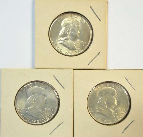 3 Choice BU 1949-P Franklin Half Dollars. Full Bell Lines