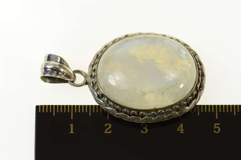 Sterling Silver Oval Moonstone Natural Cabochon Ornate Pendant