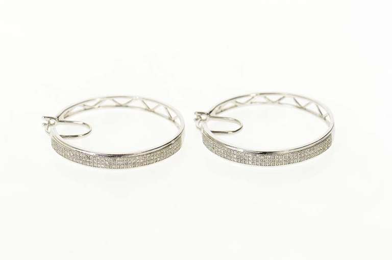 10K White Gold Pave Diamond Encrusted Squared Hoop Earrings
