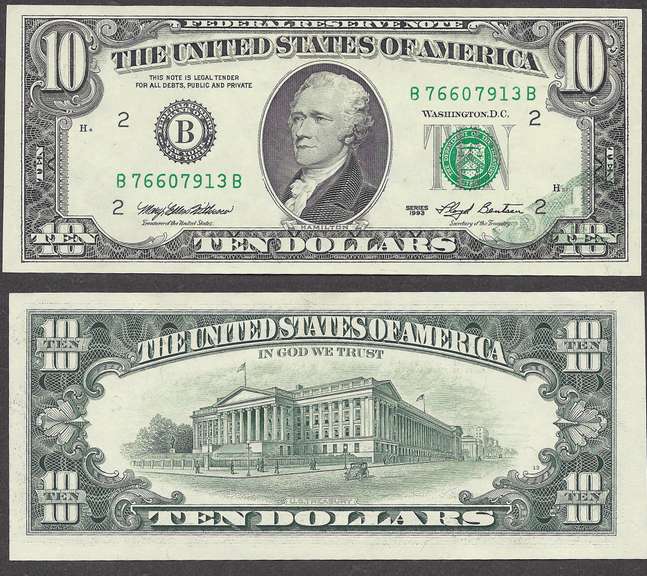 $10 1993 FRN partial offset back to front- Ch. Crisp Uncirculated.