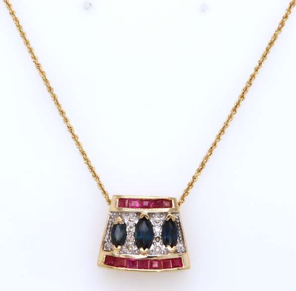 Charming Yellow Gold Blue Sapphires and Rubies Necklace