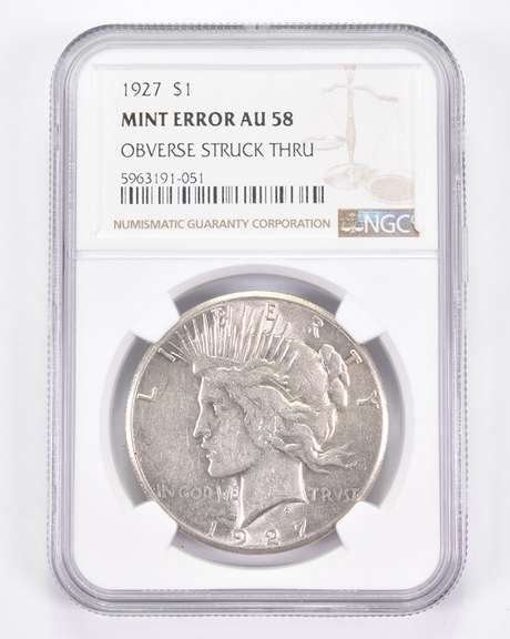Mint Error AU58 1927 Peace Silver Dollar - OBV Struck Thru NGC