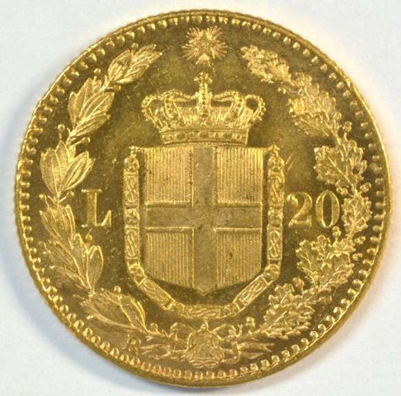 Gem Prooflike BU 1882 Italy 20 Lire Gold Piece. Gorgeous