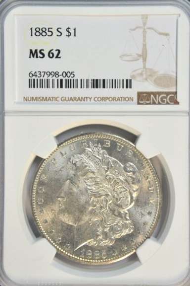 Key date Choice BU 1885-S Morgan Silver Dollar. NGC MS62