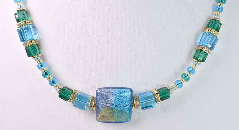 Dazzling Italian Made, Hand Blown Art Glass with Gold Leaf and Gold Plated Links Necklace