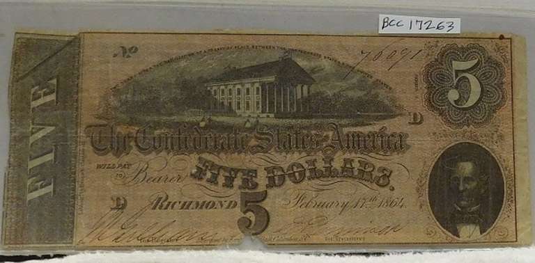 Confederate: 1864  $5 Richmond, circ, signed & numbered
