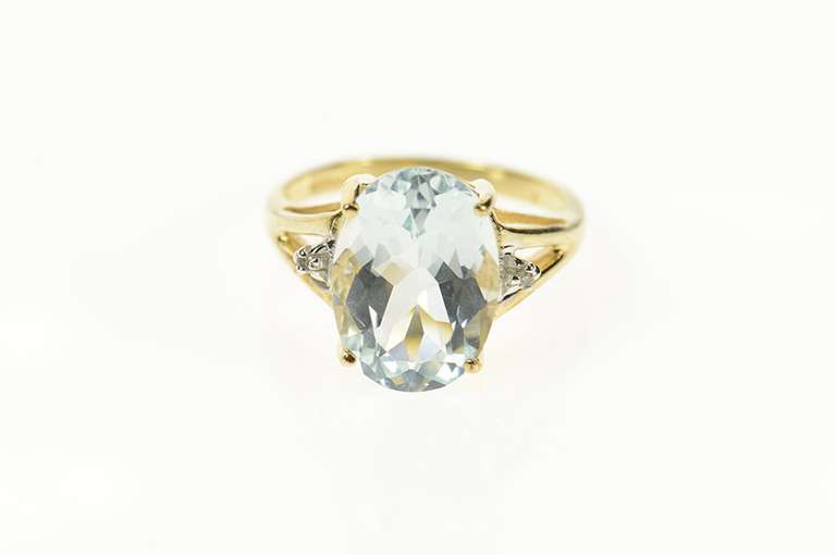 10K Yellow Gold Oval Blue Topaz Diamond Accent Cocktail Ring