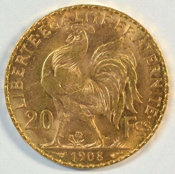 Superb Gem BU 1908 France 20 Francs Gold 'Rooster' coin