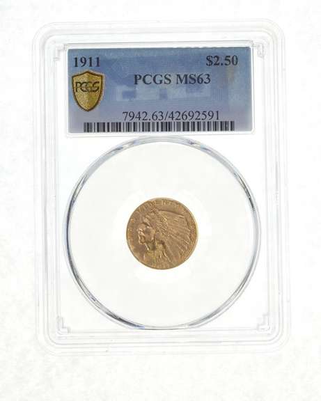 MS63 1911 $2.50 Indian Head Gold Quarter Eagle - Graded PCGS