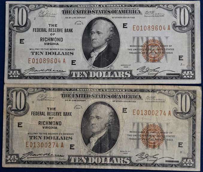 Lot Of 2 Federal Bank Of Richmond VA $10 Circulated.