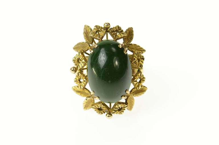 14K Yellow Gold Retro Nephrite Leaf Square Design Cocktail Ring
