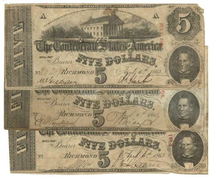 3 Great 1863 $5 Confederate States of America Notes with dates