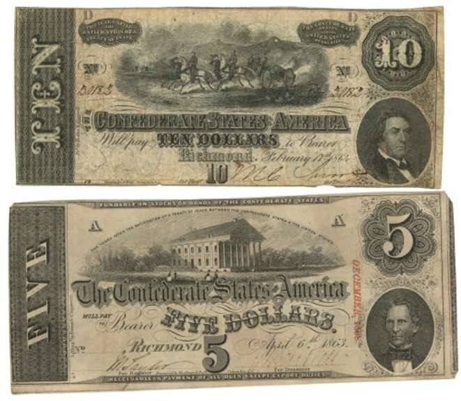 1864 $5 & $10 Confederate States of America Notes (T-68)