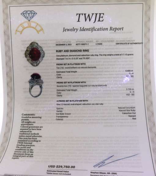 Outstanding Platinum Ruby Star Cab and Diamond Ring